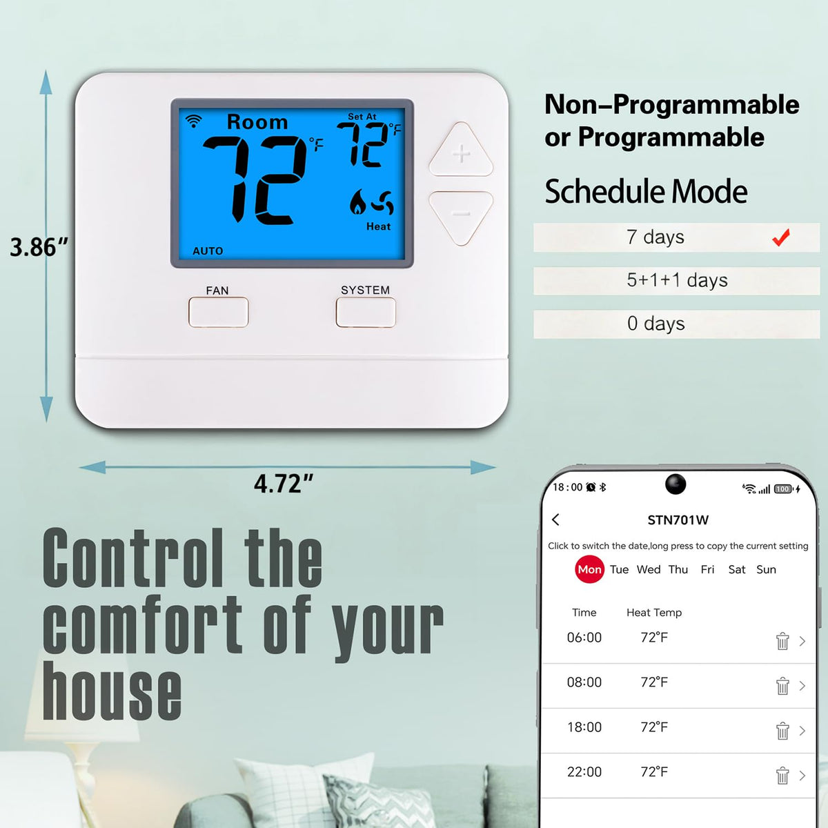 Riseem WiFi thermostat app control view shows convenient smartphone access to scheduling.