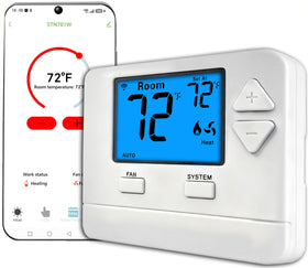 Riseem WiFi thermostat front panel for easy remote adjustments and precise comfort.