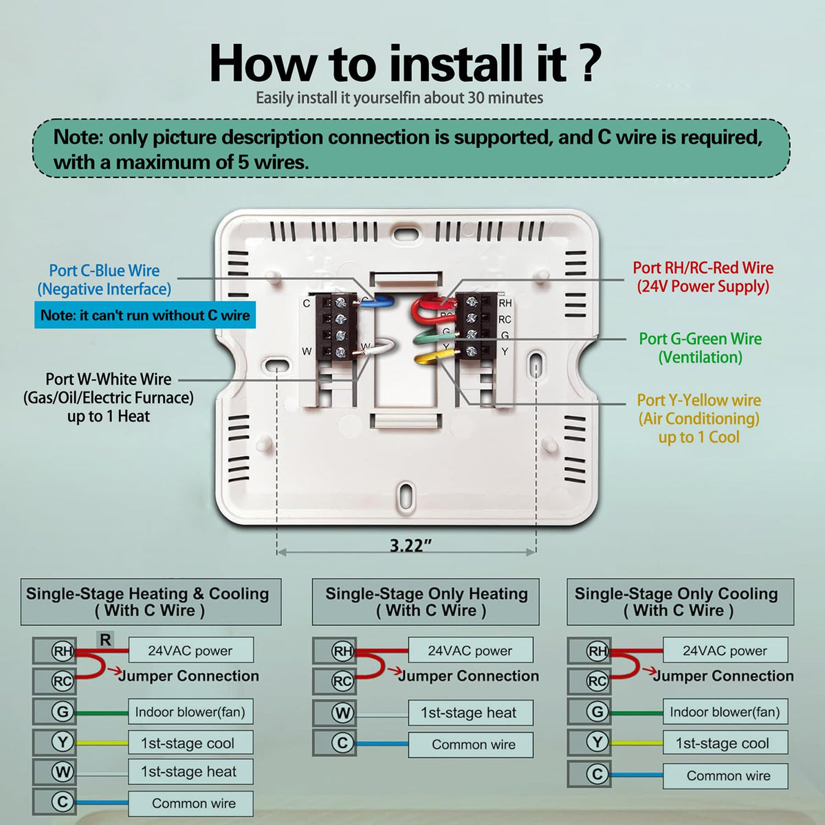 Riseem WiFi thermostat installation guide image helps verify compatibility before wiring.