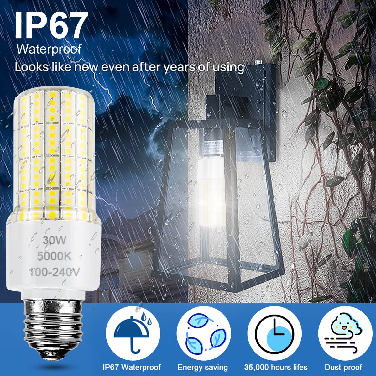 RIUVAO LED corn light with E26/E27 base suitable for garages and workshops