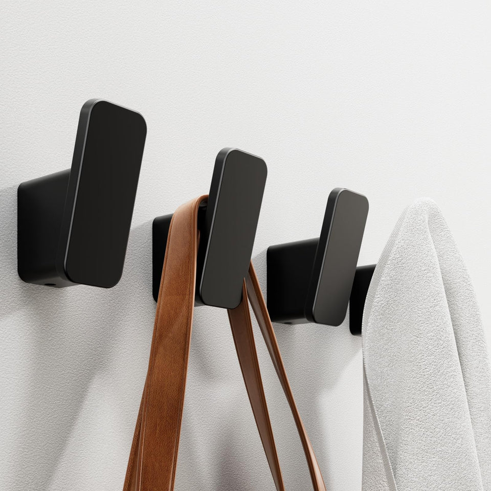 RIVAMBER matte black towel hook in bathroom holds towels with rustproof durability.