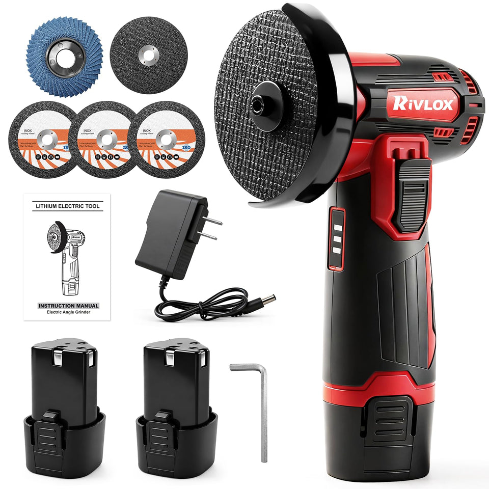 Rivlox cordless grinder battery assembly shows portable power for indoor use.