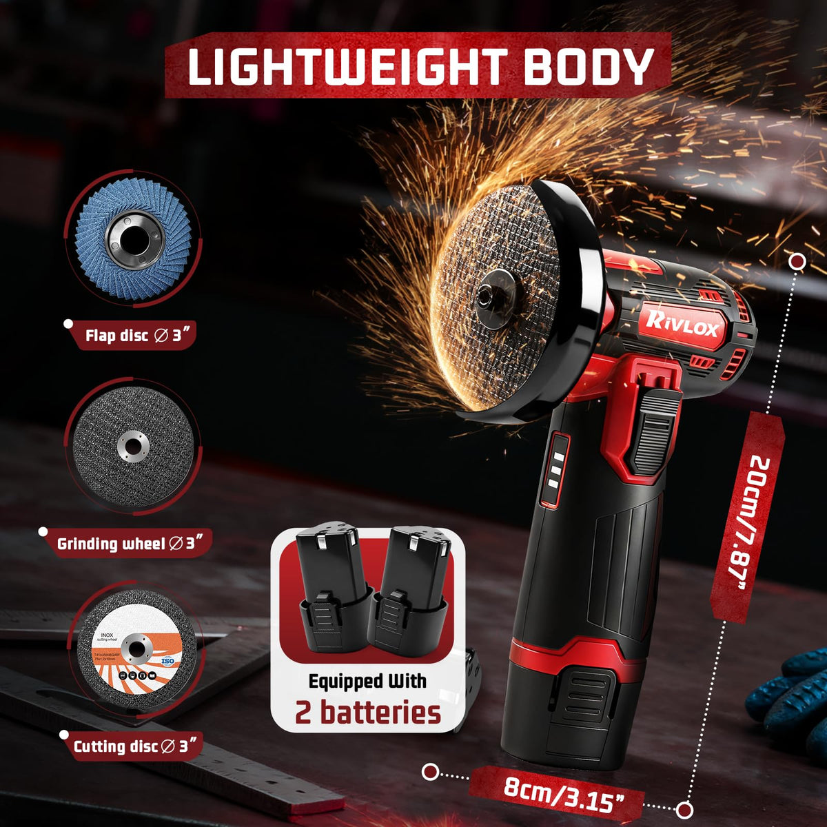 Rivlox cordless grinder cutting disc in action enables fast metal cutting.