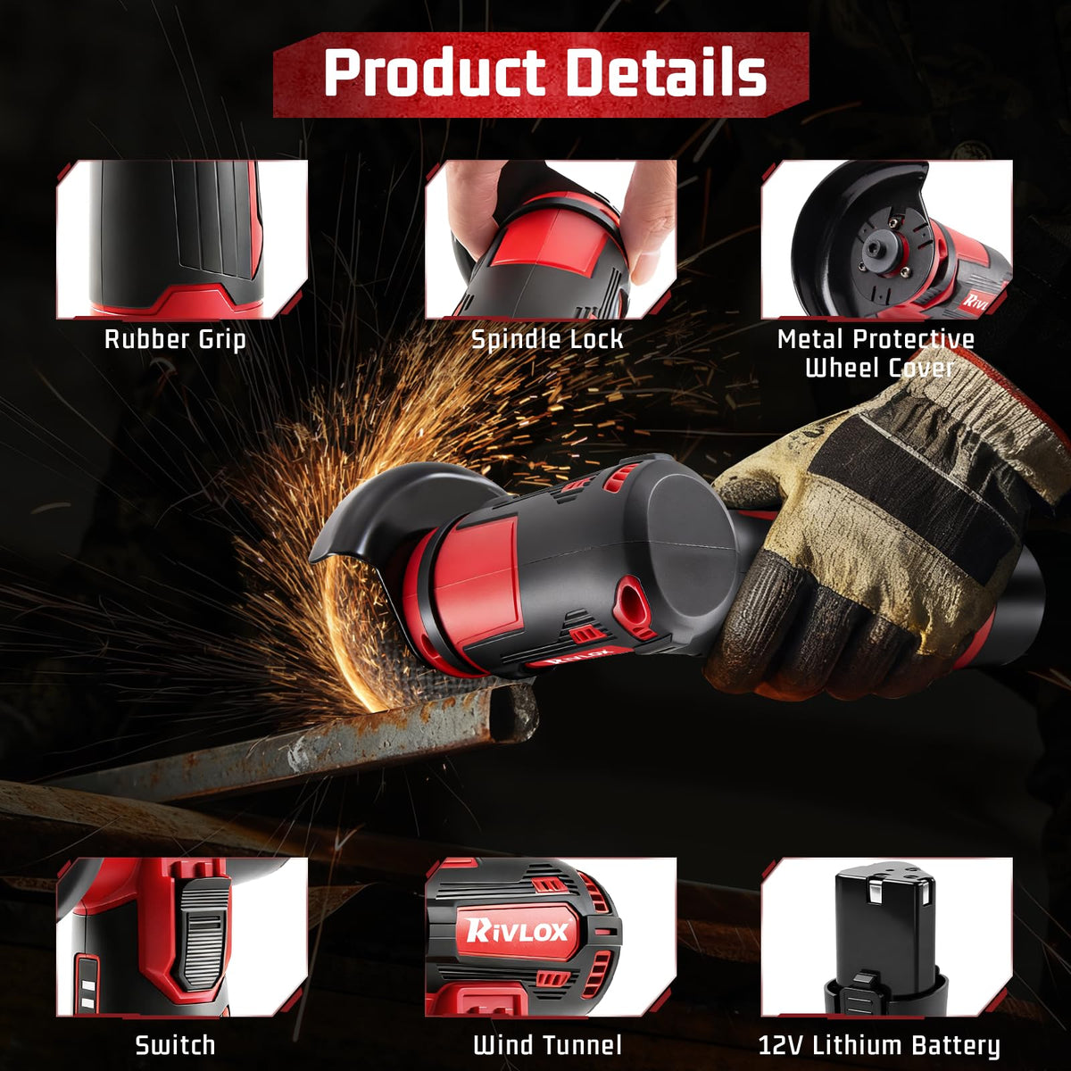Rivlox cordless grinder spindle lock facilitates quick accessory changes.