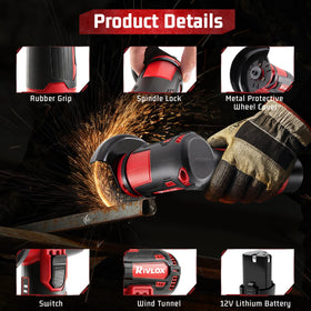 Rivlox cordless grinder spindle lock facilitates quick accessory changes.