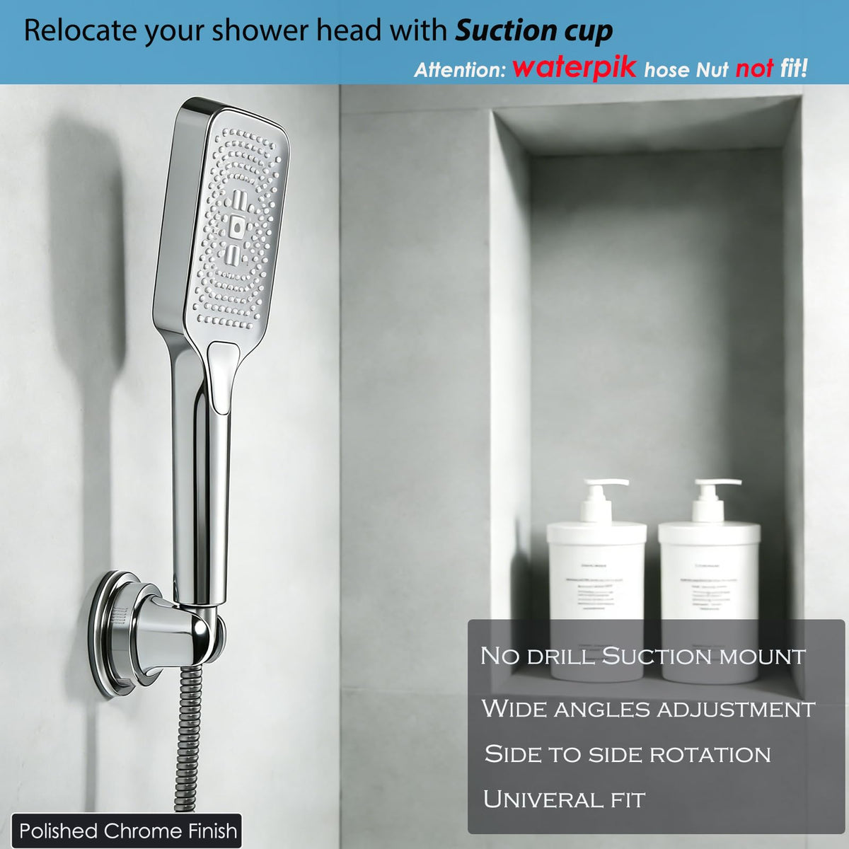 RIVOODS adjustable holder shows five-position tilt for comfortable showering