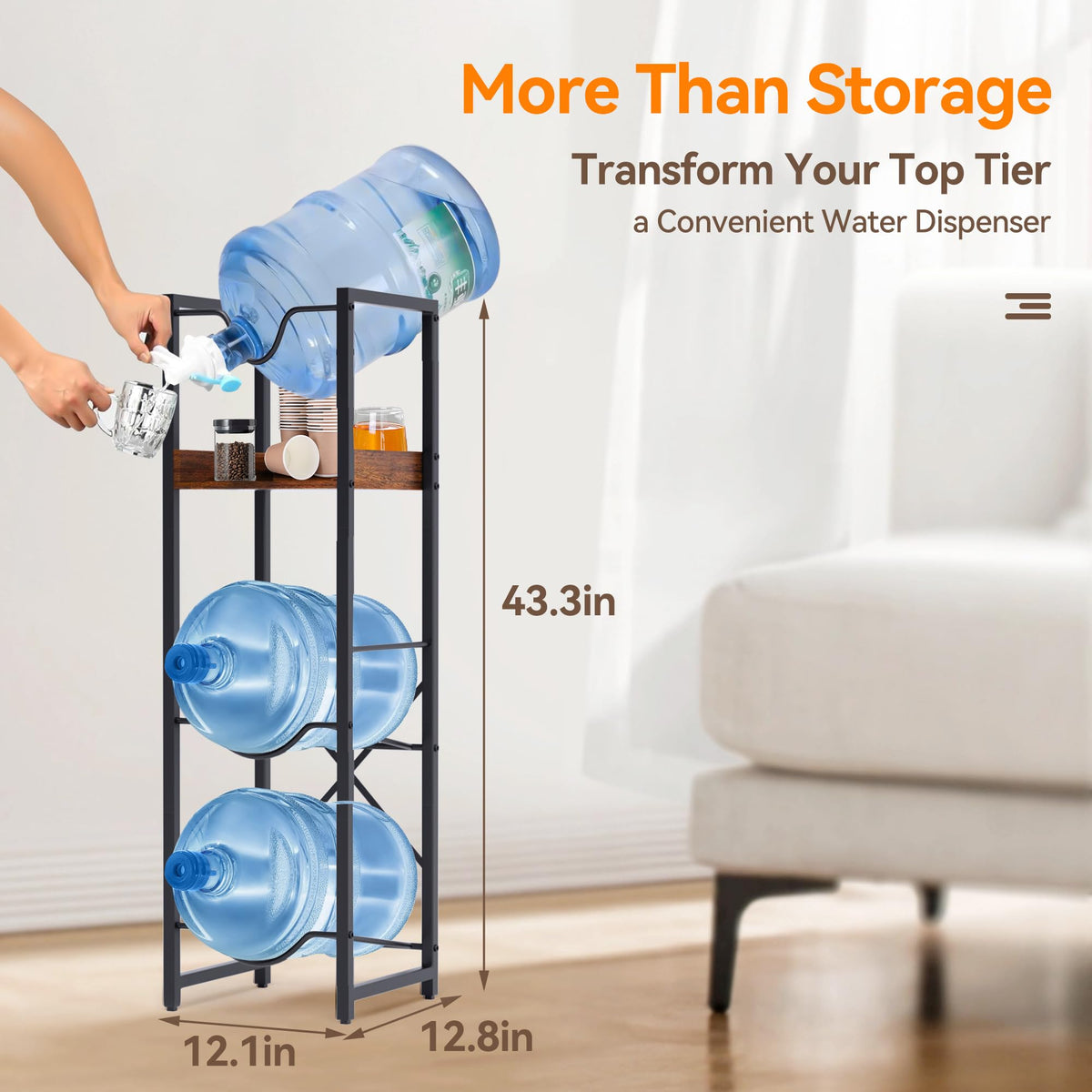RIVPOX water bottle stand showing sturdy steel frame and wooden shelf for tea and coffee.