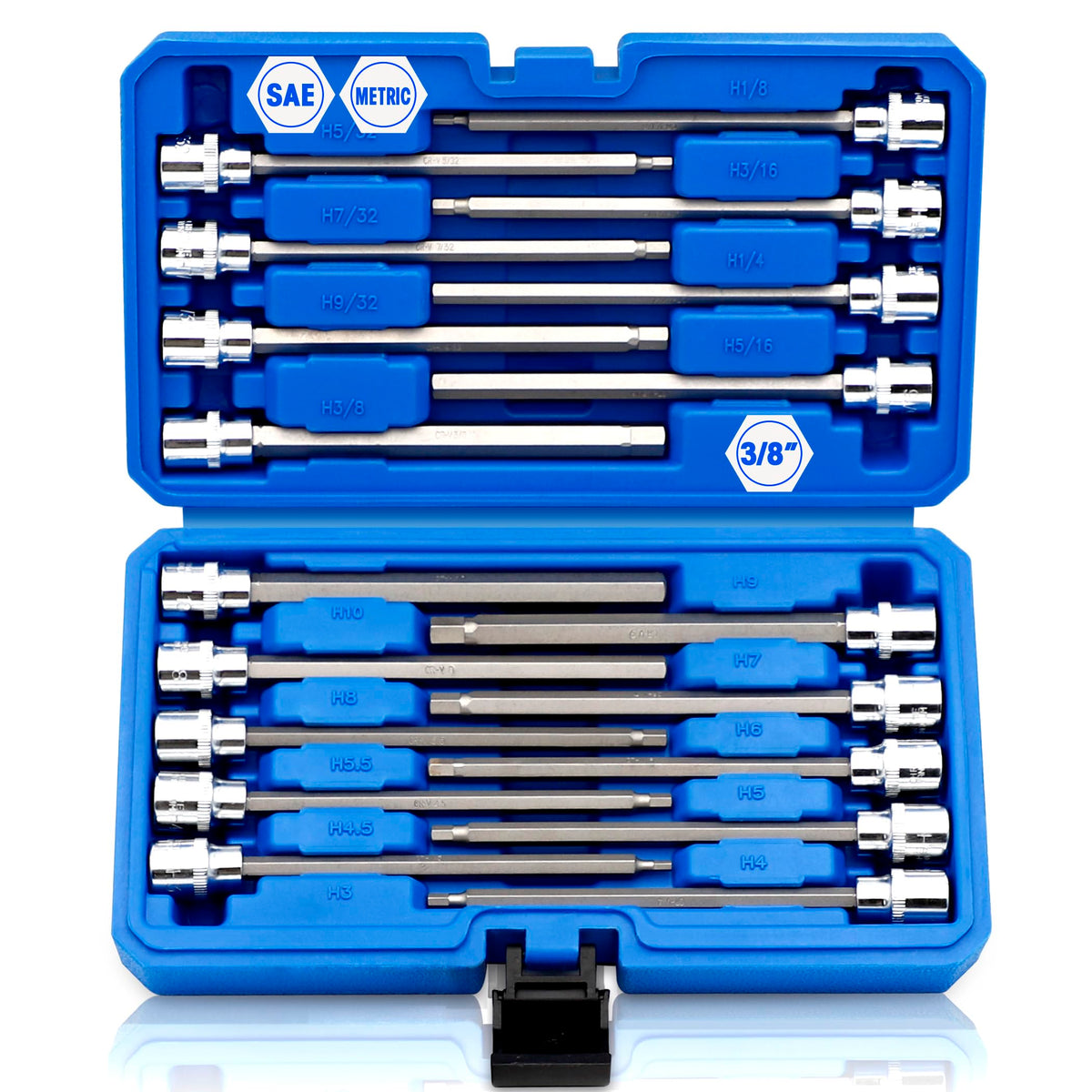 Rizom 18-piece 3/8 drive socket set covering SAE and metric sizes for versatile projects