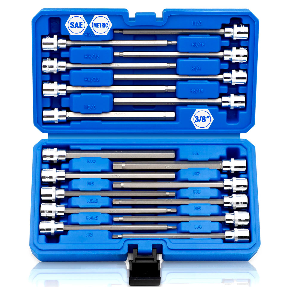 Rizom 18-piece 3/8 drive socket set covering SAE and metric sizes for versatile projects