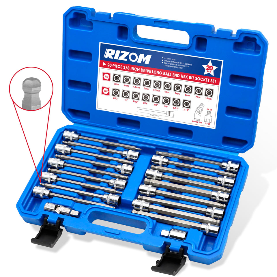 Rizom 20-piece long ball end hex socket set for deep reach and precise fit.