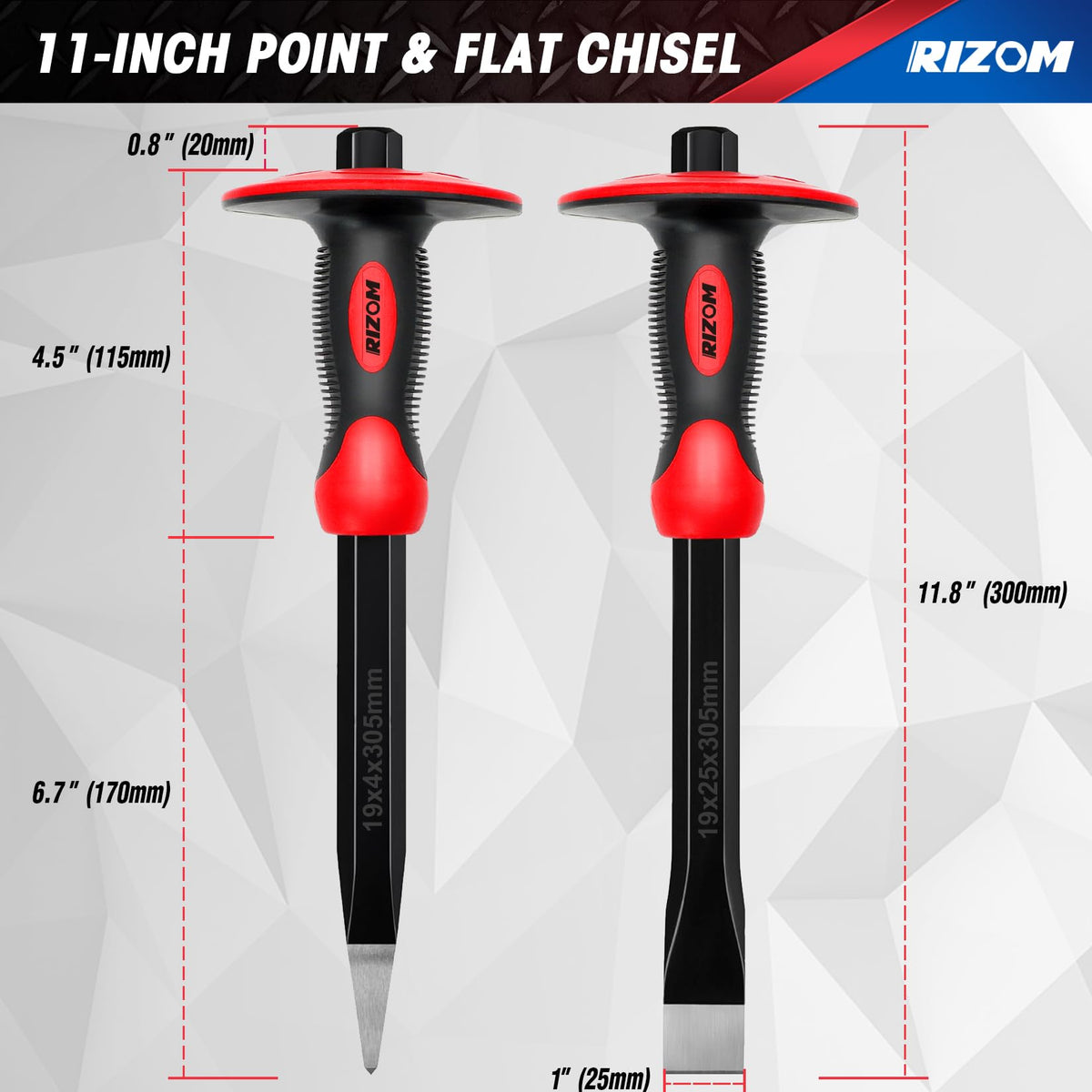 Rizom 11-inch flat chisel displays a flat edge for clean surface work.