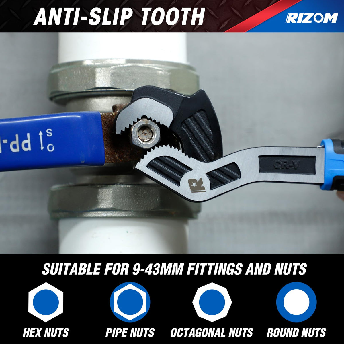 Rizom chrome vanadium pipe wrench for heavy duty durability.