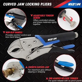 Rizom curved jaw five, seven, and ten-inch vice grips offer strong hold on varied surfaces.