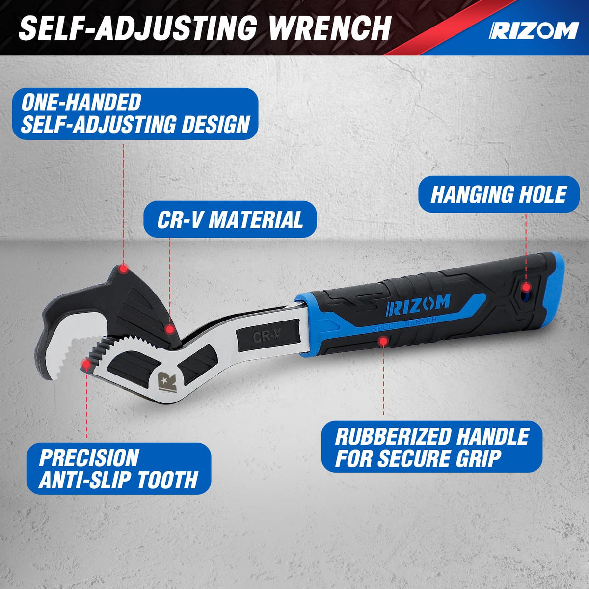 Rizom 12in self-adjusting wrench with 19–43mm jaw open for larger fittings.