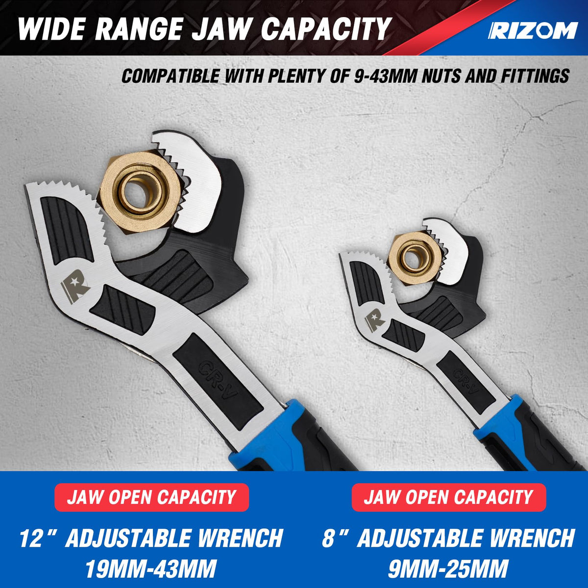 Rizom self locking wrench head enables one handed operation and quick repositioning.