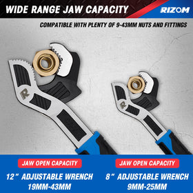 Rizom self locking wrench head enables one handed operation and quick repositioning.