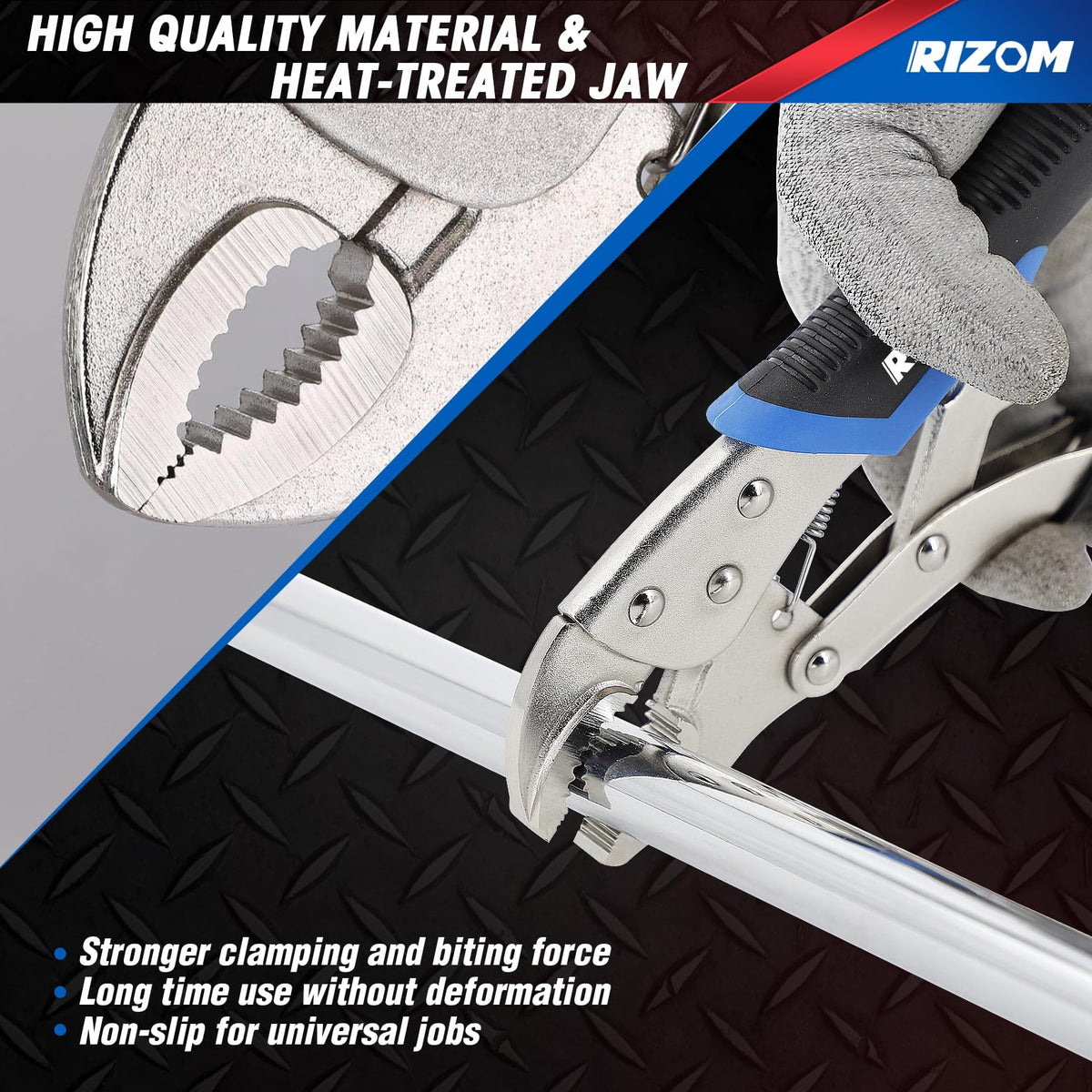 Rizom six-inch C-clamp locking pliers provide solid grip on thick materials.