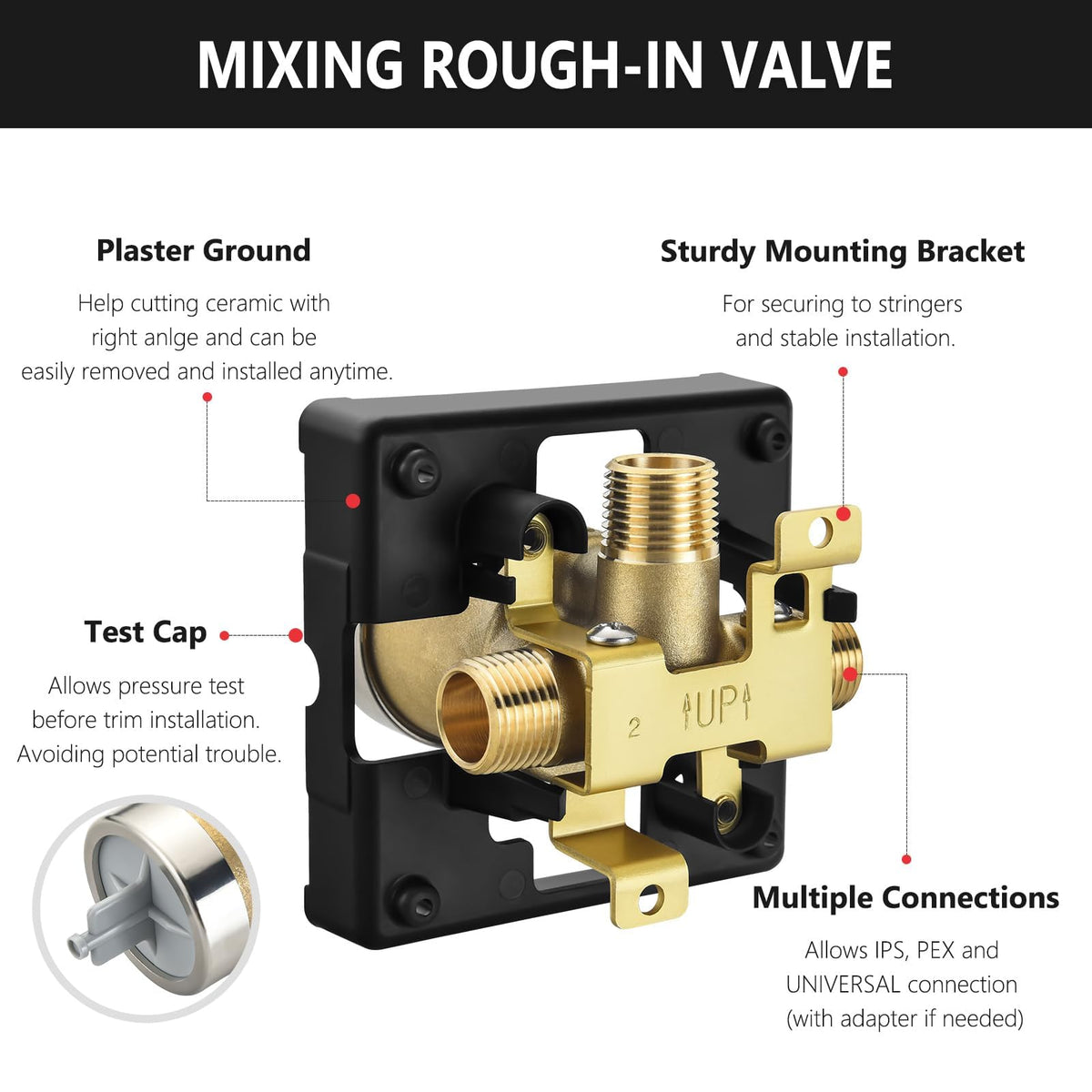RJDIBAN rough-in valve body highlighted for easy installation.
