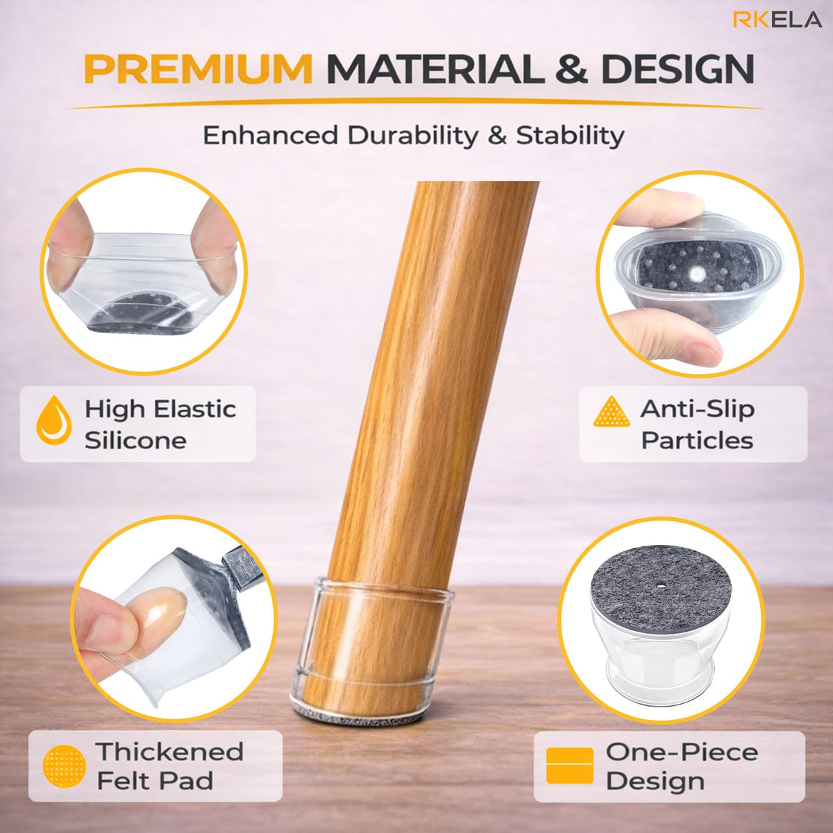 RKELA protectors reduce chair movement noise on hardwood and tile.
