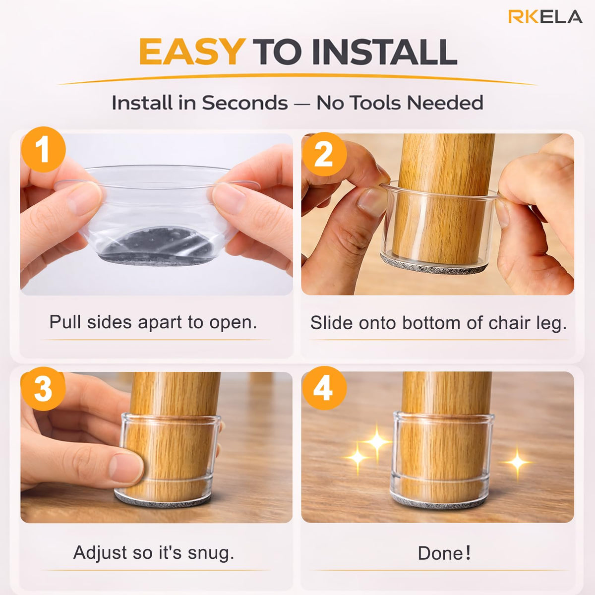 Indoor use RKELA caps slide on easily for quiet furniture movement.