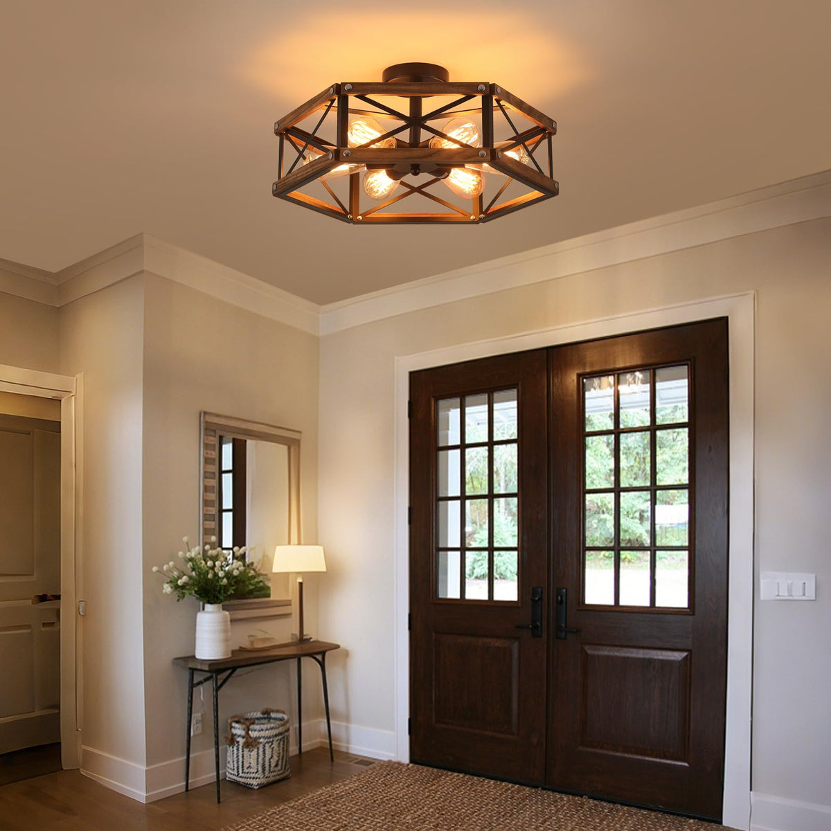 RKUCSR 20-inch square farmhouse ceiling light as a bold focal point in rooms.