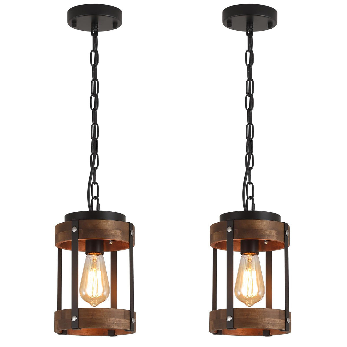 RKUCSR 2-pack rustic wood pendant light with oak drum shade for kitchen islands.