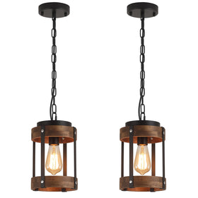 RKUCSR 2-pack rustic wood pendant light with oak drum shade for kitchen islands.