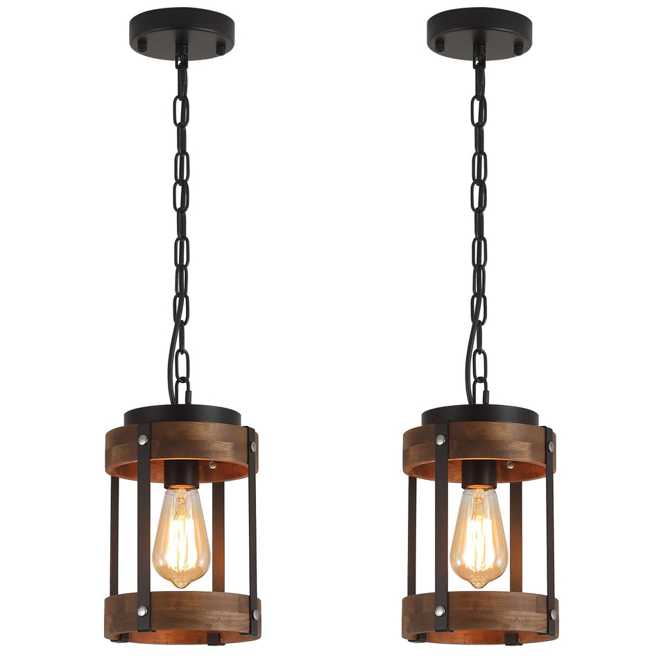 RKUCSR 2-pack rustic wood pendant light with oak drum shade for kitchen islands.