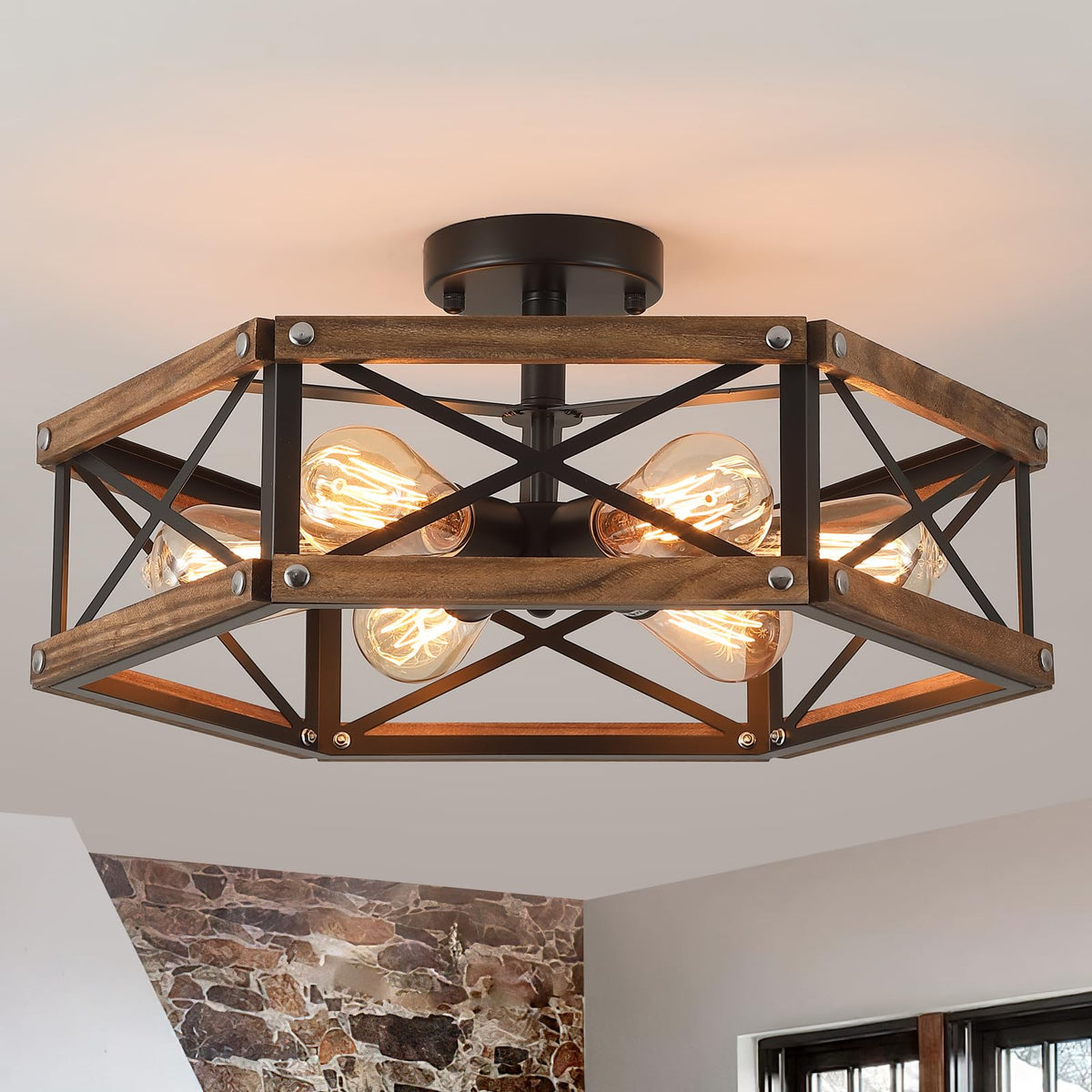 RKUCSR 6-light farmhouse ceiling light with oak wood and cage, ideal for rustic hallways.