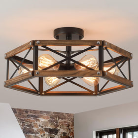 RKUCSR 6-light farmhouse ceiling light with oak wood and cage, ideal for rustic hallways.
