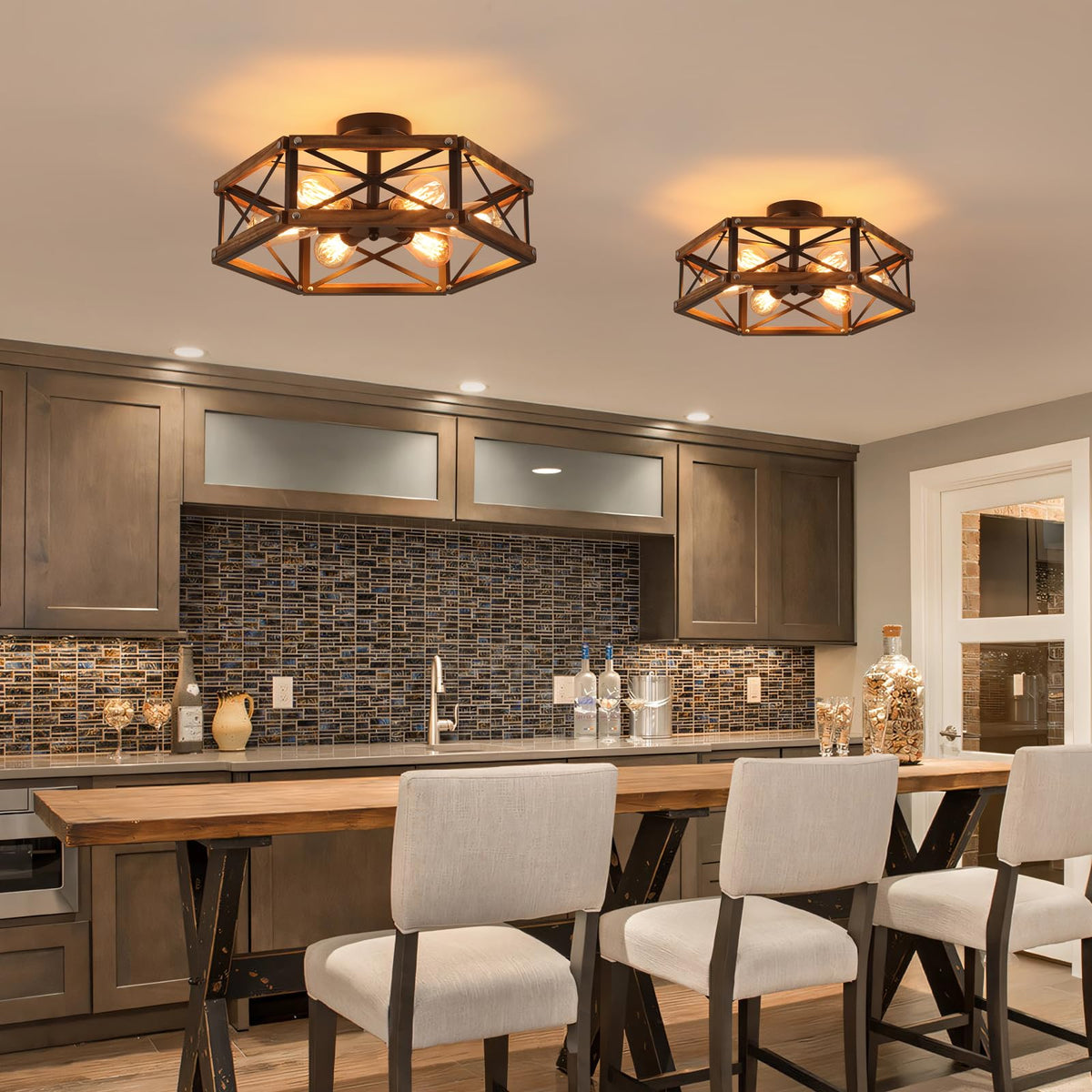 RKUCSR oak wood and black metal cage ceiling light for dining and living spaces.