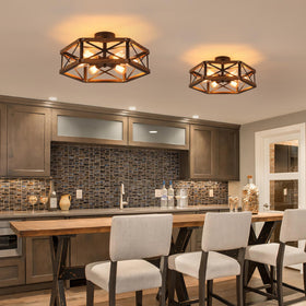 RKUCSR oak wood and black metal cage ceiling light for dining and living spaces.