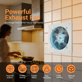 RLOZUI 8-inch exhaust fan panel dimensions highlight compact size for ceilings.