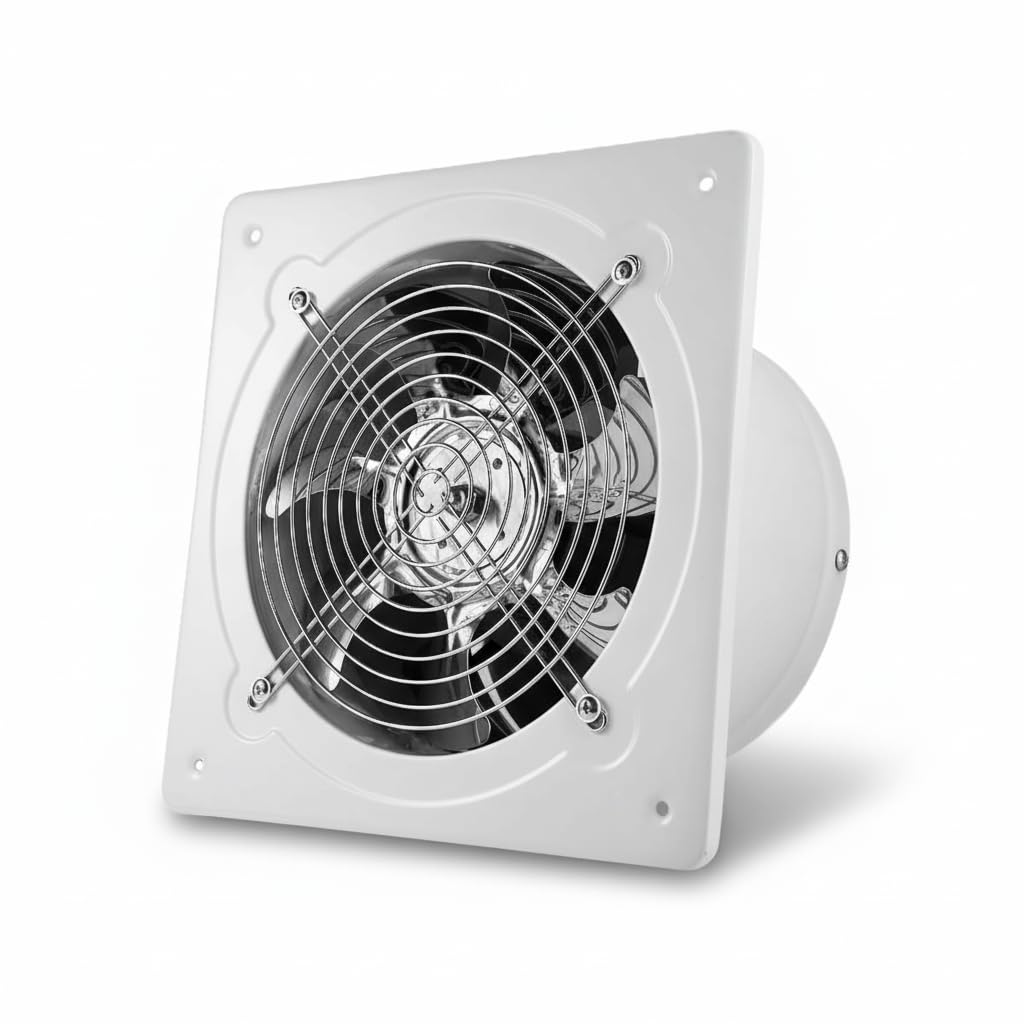 RLOZUI 8-inch exhaust fan wall-mounted front view shows profile and mounting orientation for airflow.