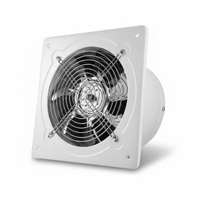RLOZUI 8-inch exhaust fan wall-mounted front view shows profile and mounting orientation for airflow.
