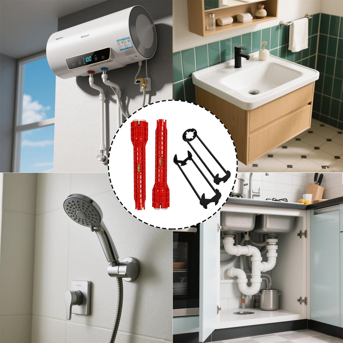 Rmannke multi-function tool set supports home plumbing projects.