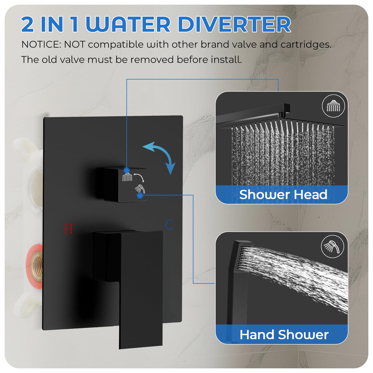 RNDIOZD 10-inch square rain shower head for wide coverage.