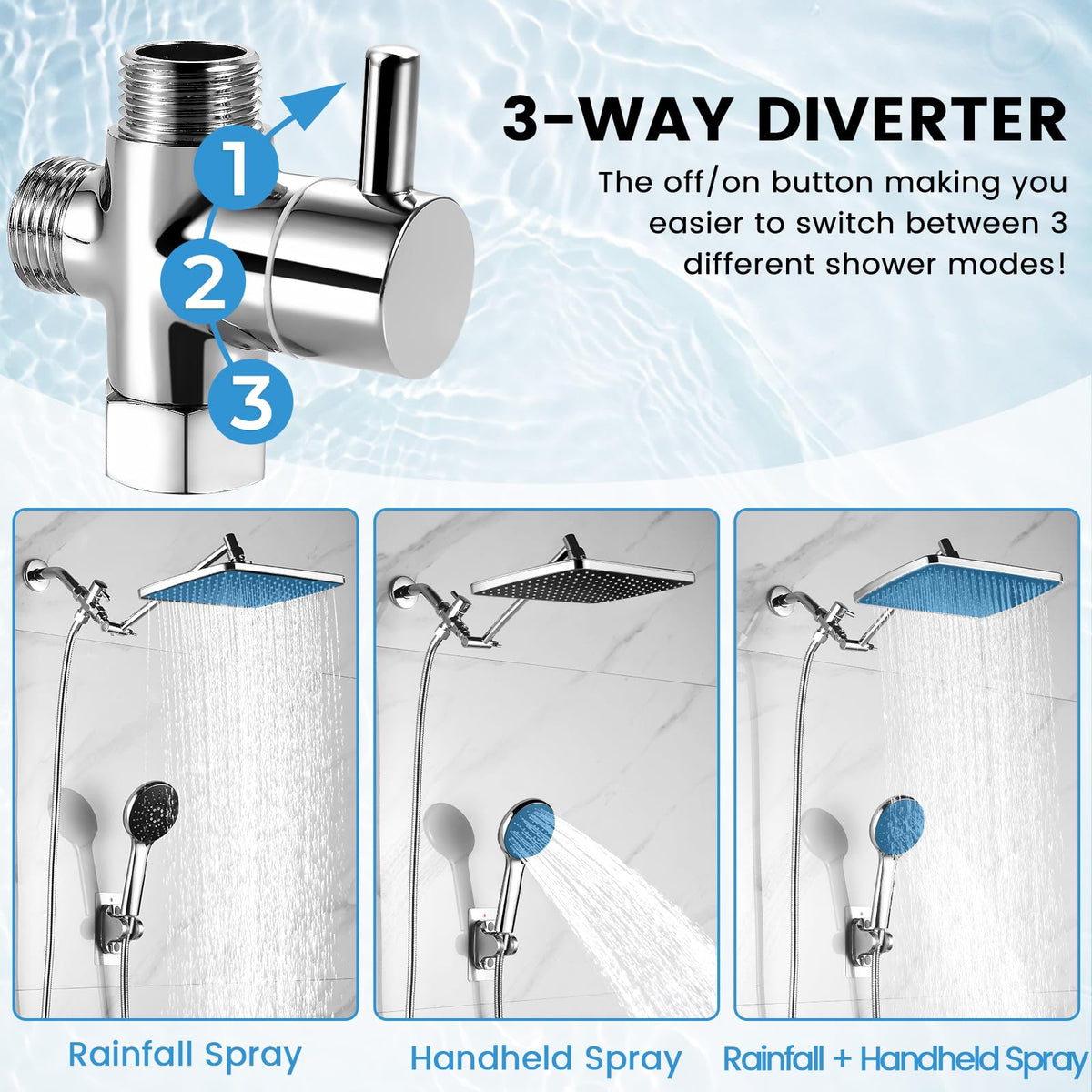 RNDIOZD three-way diverter switches between rainfall, handheld, or both for tailored showers.