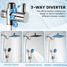 RNDIOZD three-way diverter switches between rainfall, handheld, or both for tailored showers.