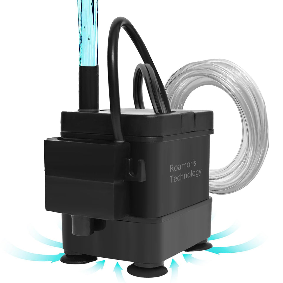 Roamoris small pump with level sensor in compact setup for reliable condensate drainage.