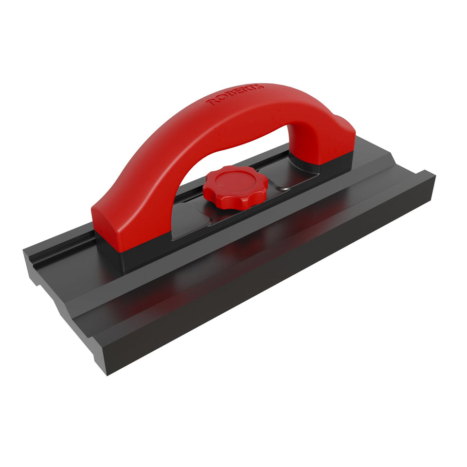 ROBERTS Double Tap Block front view shows dual-sided notches for tongue‑and‑groove and click-lock flooring