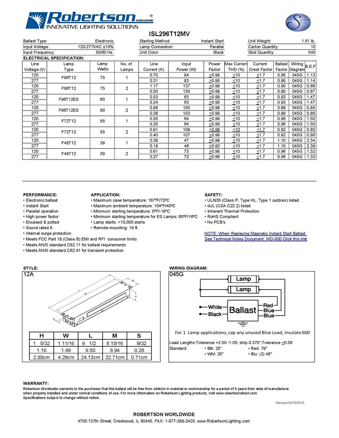 Robertson ISL296T12MV parallel-operation diagram; visual guide to maintained lighting when a lamp fails.