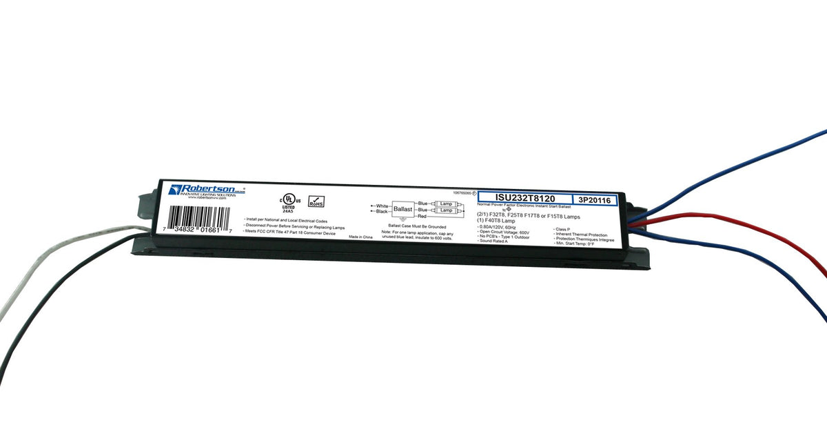 Robertson ISU232T8120 ballast front view showing compact design for retrofit use