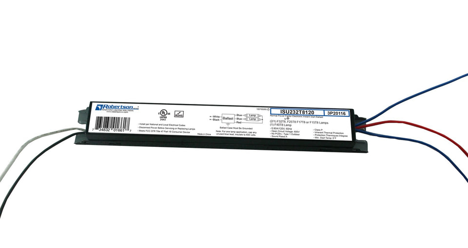 Robertson ISU232T8120 ballast front view showing compact design for retrofit use