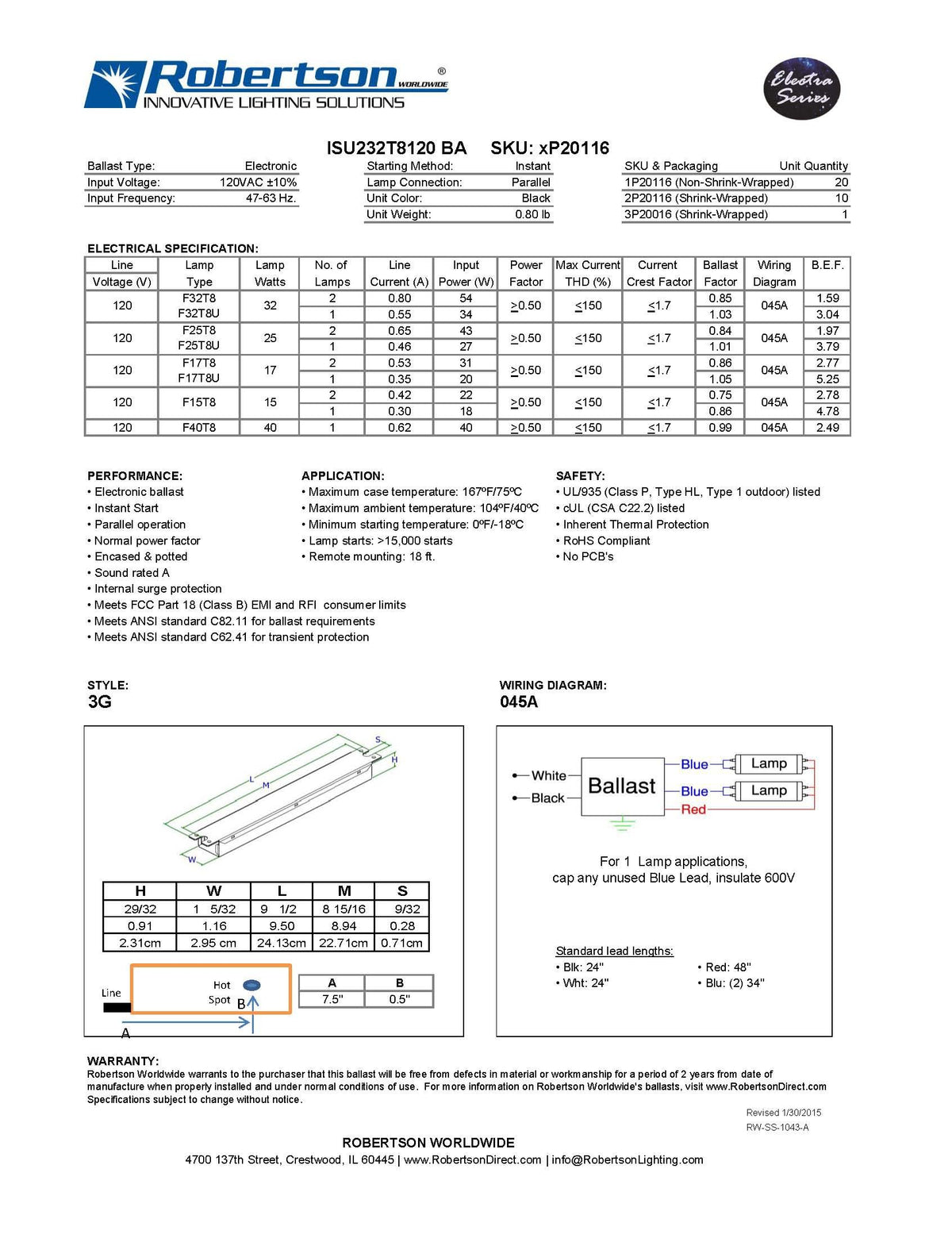 Robertson ISU232T8120 installed in a two-lamp T8 setup demonstrates reliable ignition