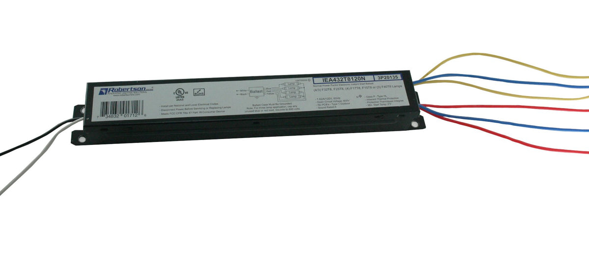 Robertson Worldwide IEA432T8120N ballast front view, compact design for easy install