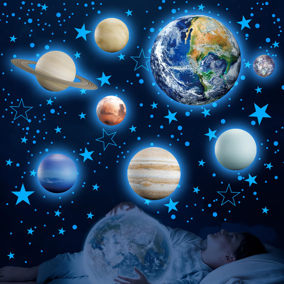 Robmoda glow-in-the-dark stars and solar system decal brightening the blue ceiling