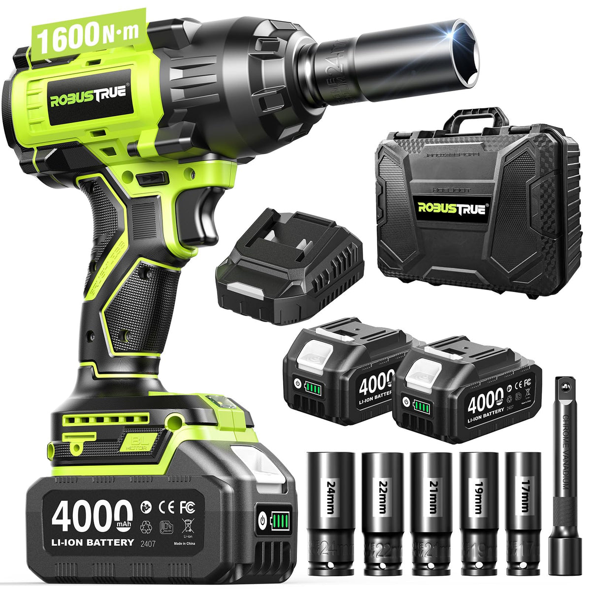 Robustrue 1600N.m cordless impact wrench delivering high torque for tough bolts.