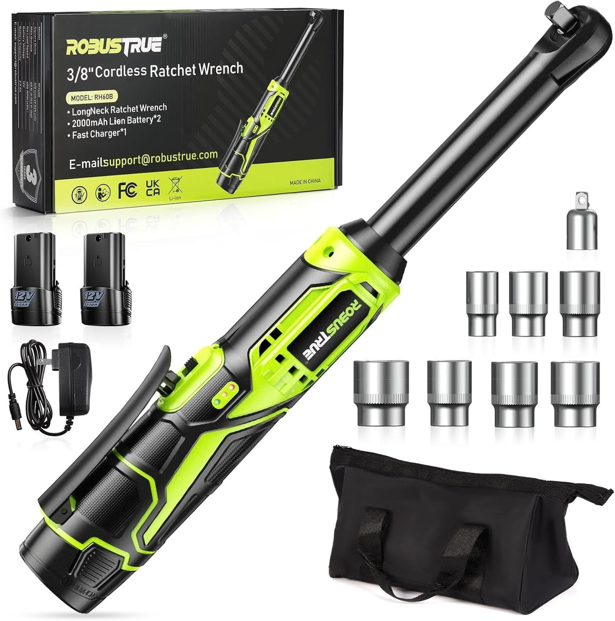 Robustrue 3-8 cordless ratchet wrench ready for tight spaces with strong torque.