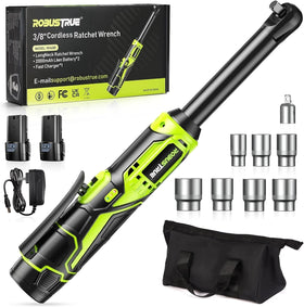 Robustrue 3-8 cordless ratchet wrench ready for tight spaces with strong torque.